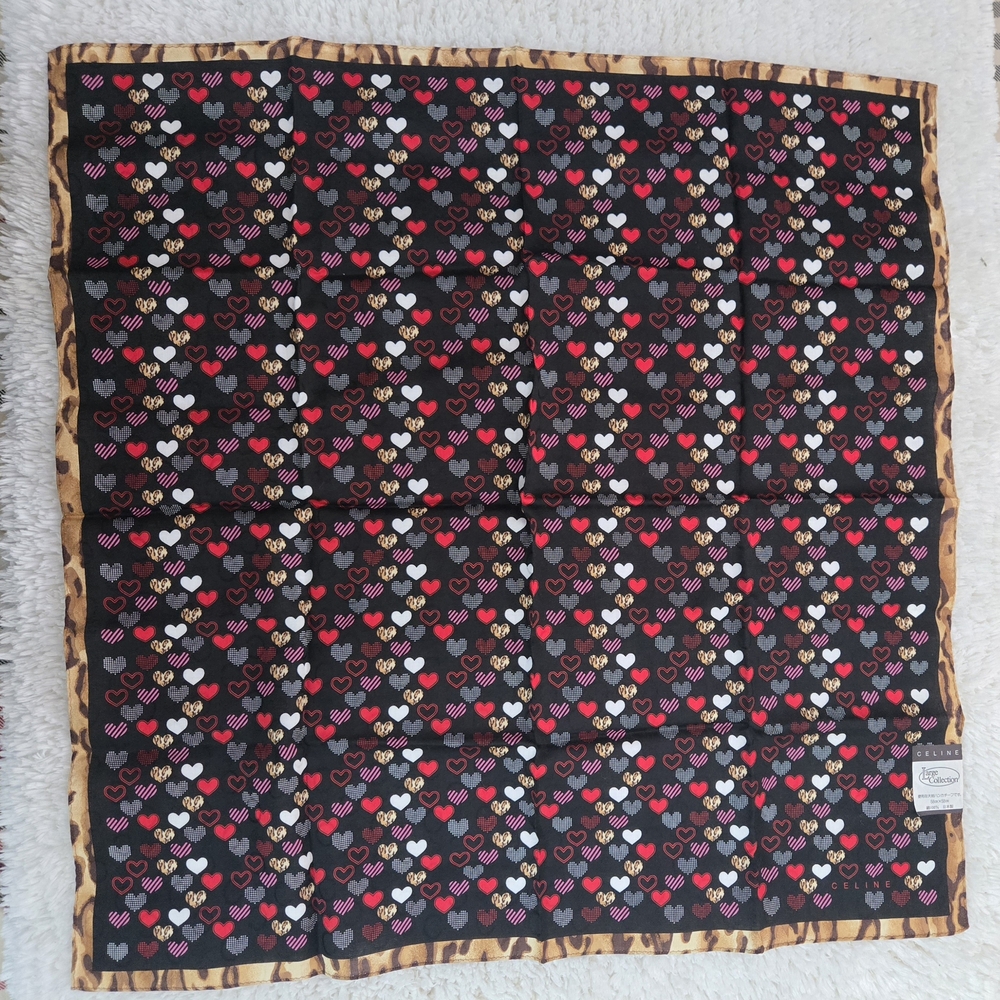 Celine Heart Patterned Scarf/ Handkerchief with Animal Print Border